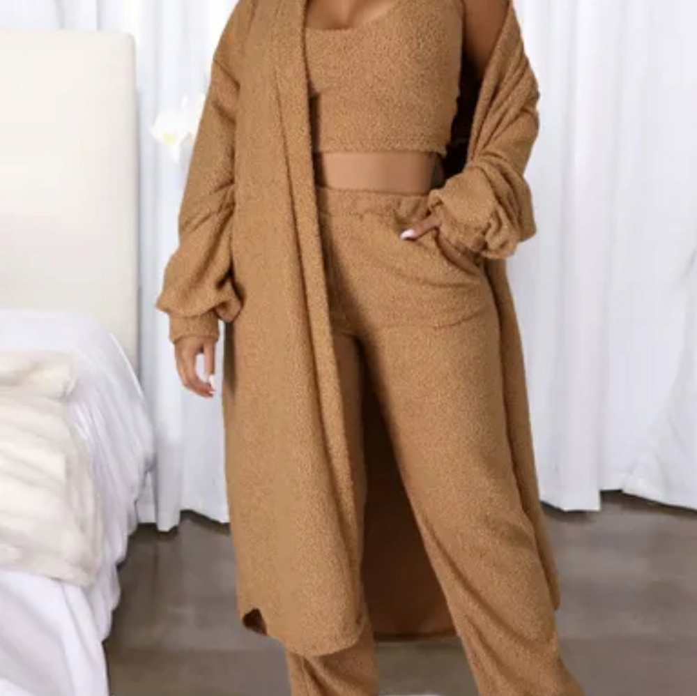 3 piece solid teddy tank top and pants lounge set with longline coat